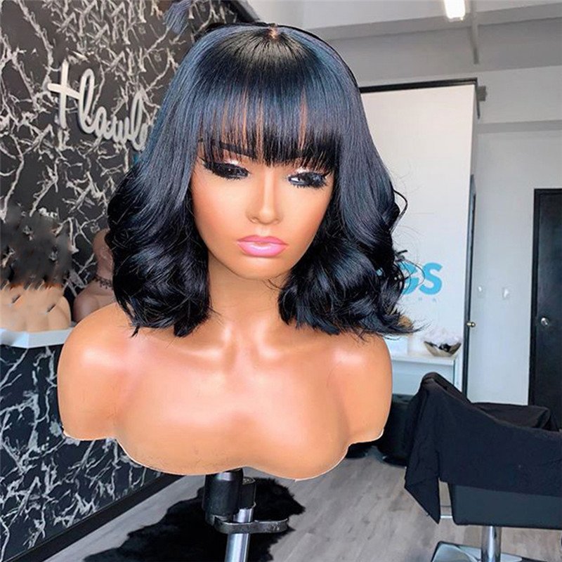 Short Bob 360 Lace Frontal Wig With Bangs Brazilian Wavy 360 Lace Wigs For Women 13x4 Bob Lace Front Human Hair Wigs With Bangs