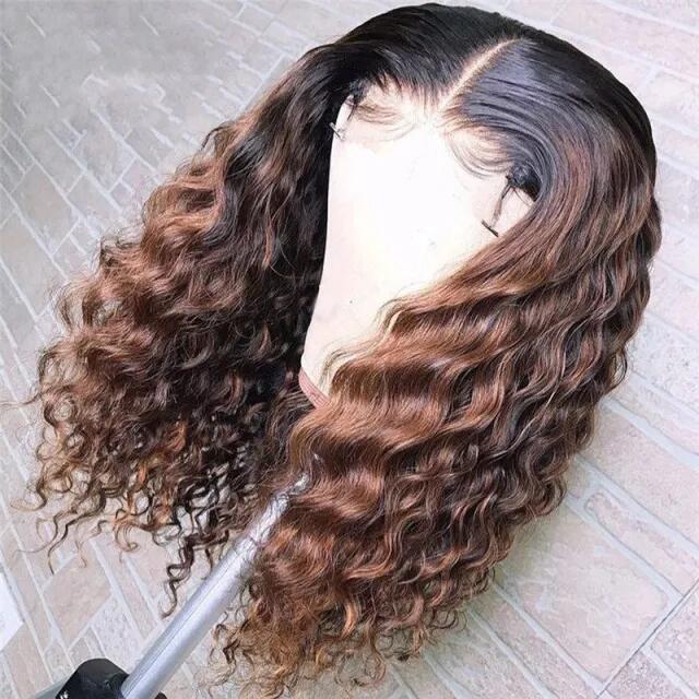 Curly Human Hair Wig Brazilian Highlight Wig Brown Ombre Deep Curly Lace Front Wig 150% Density Curly Wigs For Women Pre Plucked