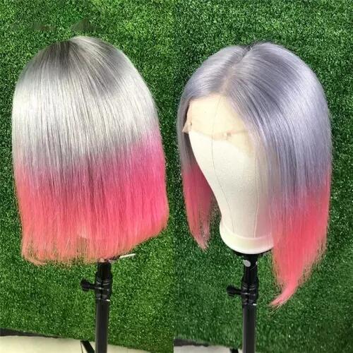 Transparent Lace Wigs Grey Pink Short Bob Human Hair Wigs Brazilian Remy Hair Wig Pre Plucked 150% Density