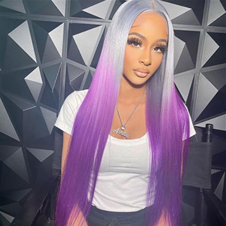 Silky Straight Wave Ombre Sliver and Purple Lace Front Human Hair Highlight Wigs  13x4 Lace Frontal Wig  Long Hair Colored Lace Front Wig 150%