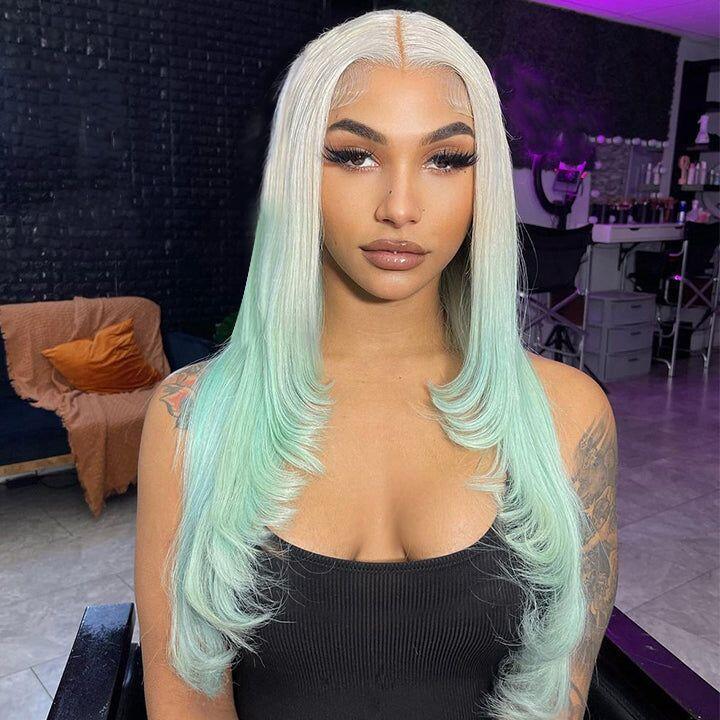 Straight Ombre 613 Blonde and Light Green Lace Front Human Hair Wigs 13x4 Lace Frontal Wig  Long Hair Colored Lace Front Wig 150%