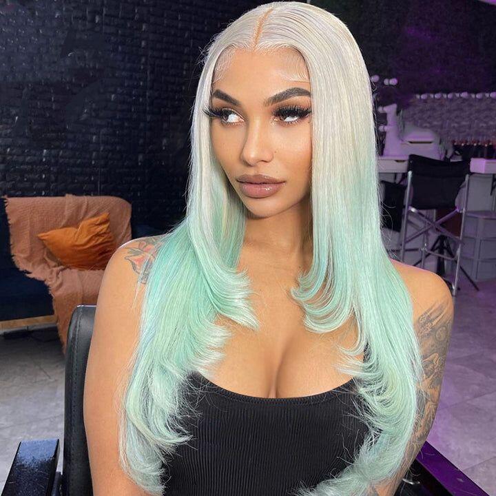 Straight Ombre Sliver and Blue Lace Front Human Hair Wigs  13x4 Lace Frontal Wig  Long Hair Colored Lace Front Wig 150%