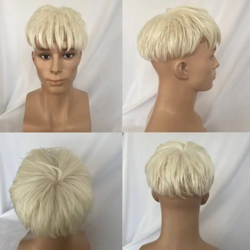 Cut Hairstyle Human Hair Piece Wigs Toupee for Men Hair Replacement System Human Hair Toupee For Men Natural Lace Front with Skin 10x8 Straight 60# Platinum Blonde Color
