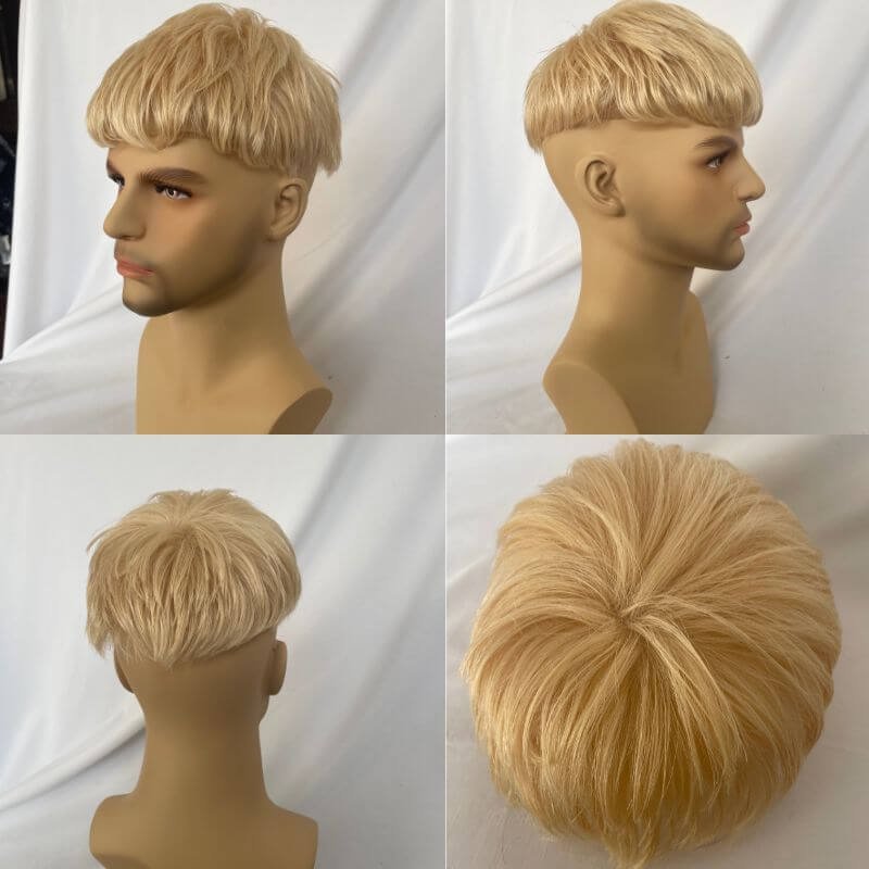 Cut Hairstyle Human Hair Piece Wigs Toupee for Men Hair Replacement System Human Hair Toupee For Men Natural Lace Front with Skin 10x8 Straight 60# Platinum Blonde Color