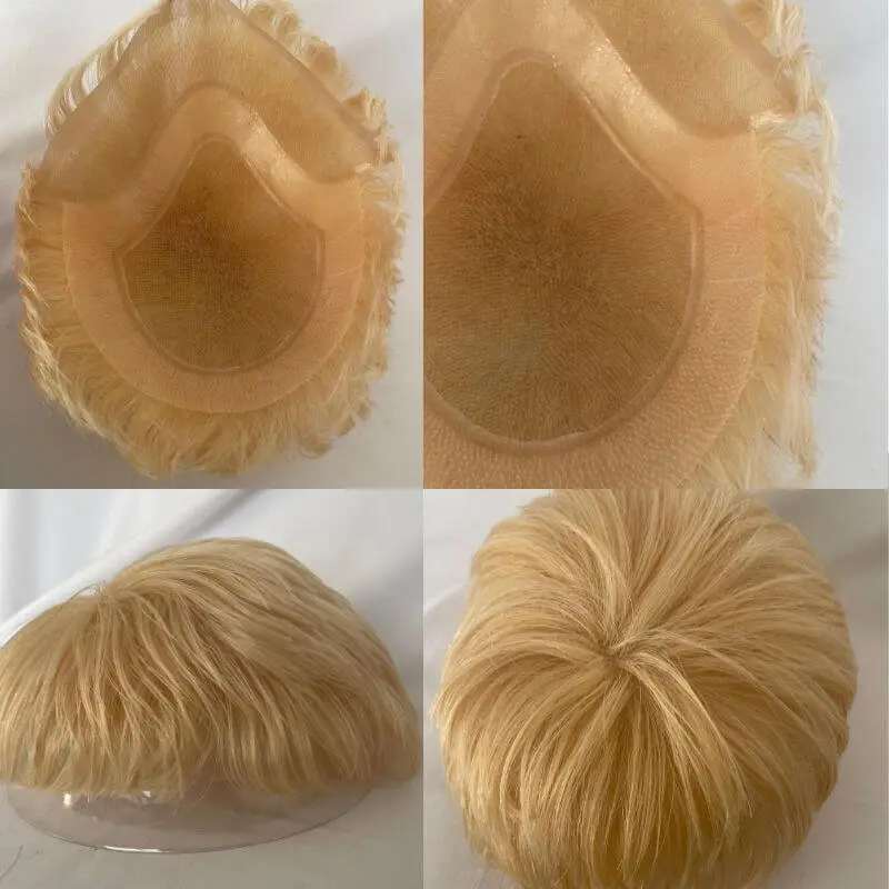 Cut Hairstyle Human Hair Piece Wigs Toupee for Men Hair Replacement System Human Hair Toupee For Men Natural Lace Front with Skin 10x8 Straight 60# Platinum Blonde Color