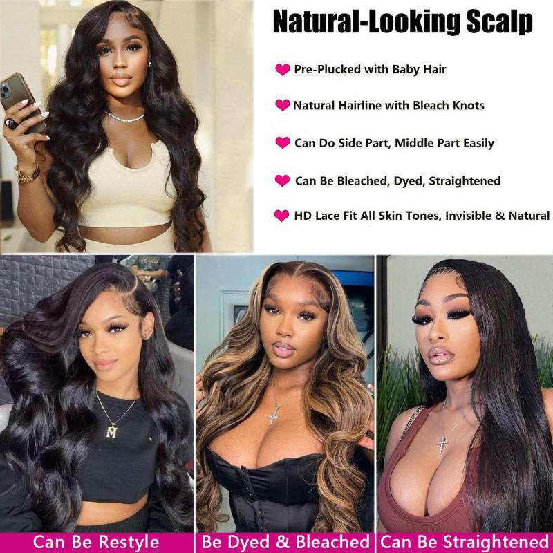 13x4 Body Wave Lace Front Wigs Human Hair 24 Inch HD Lace Front Wigs Human Hair Pre Plucked 180 Density Glueless Lace Front Human Hair Wigs for Black Women 100% Brazilian Body Wave Frontal Wigs