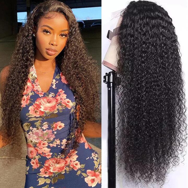 Lace Front Wig Curly Brazilian Human Hair 180% Density Kinky Curly Wigs For Black Women Black Color Kinky Curly 13X4 Lace Front Wig 150% Density Virgin Human Hair Wigs
