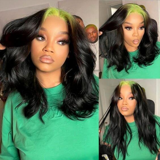Green Roots Ombre Hightlight HD Transparent Lace Peruvian Human Hair Black And Green Ombre  Lace Front Wigs Body Wave Black  Wigs With Lime