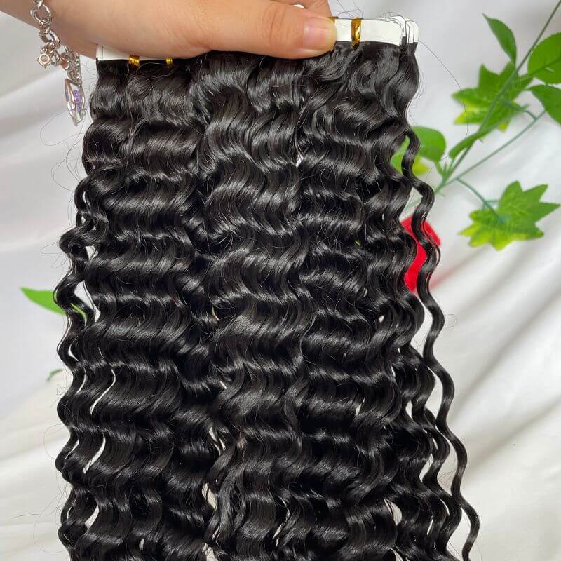 Deep Wave Curly Tape In Hair Extensions Brazilian Skin Hair Weft Human Hair Bundles Tape On Double-siding  Adhesive Invisible