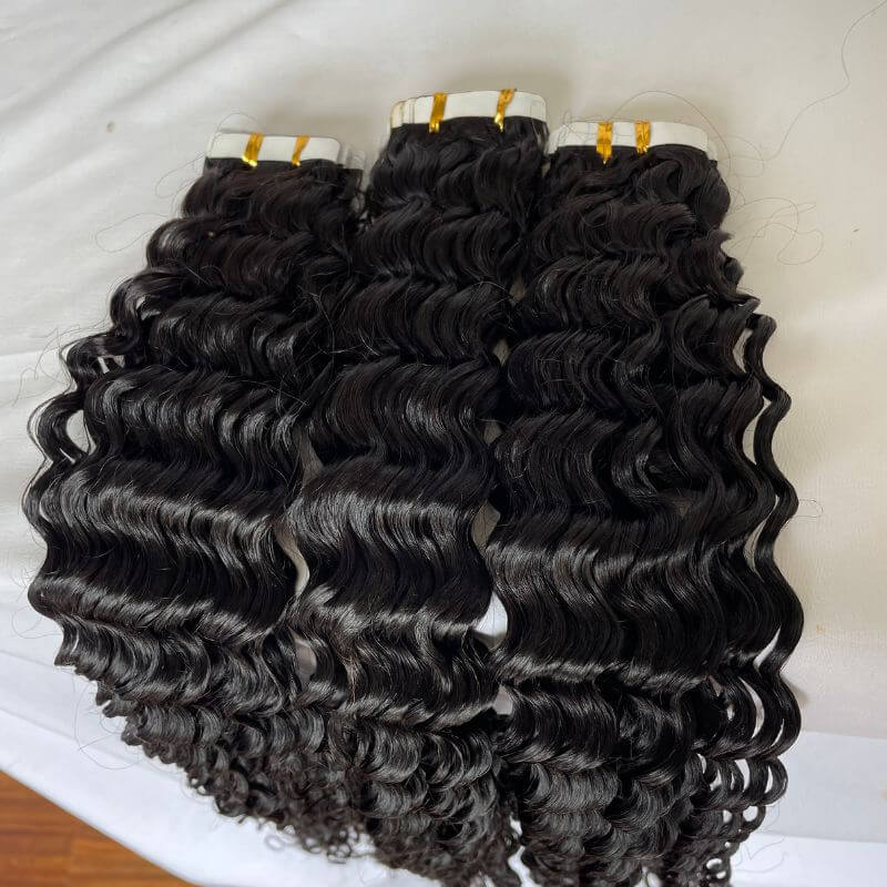 Deep Wave Curly Tape In Hair Extensions Brazilian Skin Hair Weft Human Hair Bundles Tape On Double-siding  Adhesive Invisible