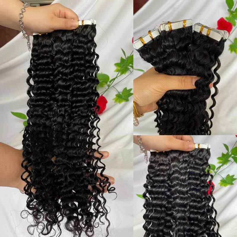 Deep Wave Curly Tape In Hair Extensions Brazilian Skin Hair Weft Human Hair Bundles Tape On Double-siding  Adhesive Invisible