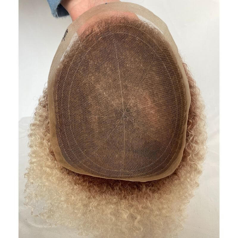 Men Toupee  Human Hair Afro Curly  Ombre #60 White Color Toupee for Men 8x10 inch Afro Curl Toupee for Black Men Full French Lace Hair System 360 Weave Men Toupee Hair System