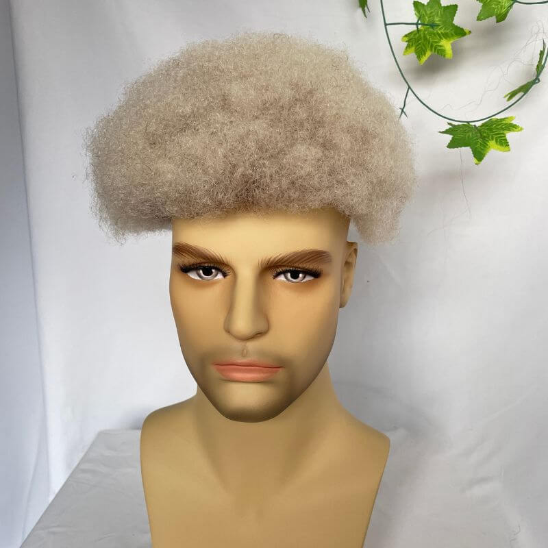 Men Toupee  Human Hair Afro Curly  Ombre #60 White Color Toupee for Men 8x10 inch Afro Curl Toupee for Black Men Full French Lace Hair System 360 Weave Men Toupee Hair System