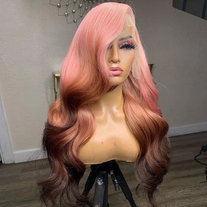 Pink and Brown Ombre Lace Front Wig Body Wave Pre Plucked Brazilian Remy Brown Human Hair Wig Highlight Colored Wigs Transparent Wig