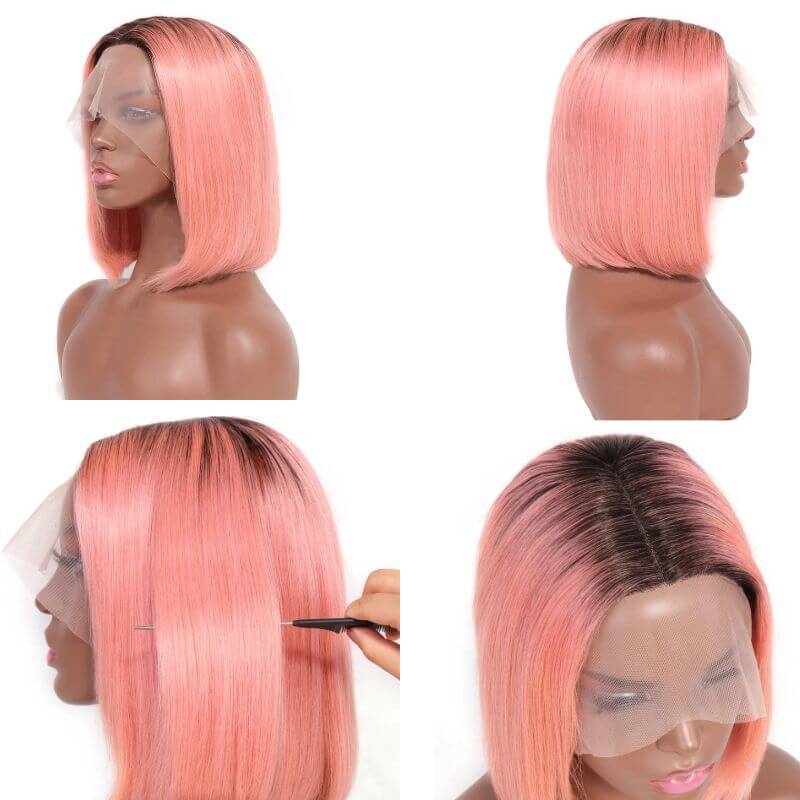 Pink Lace Front Wig Human Hair Pre Plucked Brazilian Ombre Pink Bob Wig 1B and Pink Lace Front Human Hair Wigs For Women Pink Wig