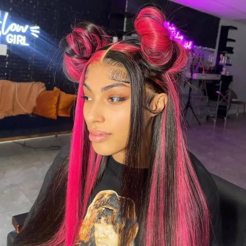 Ombre Pink and Natural Black Highlight Wigs Skunk Stripe Wigs HD Lace Front Wig  Human Hair Brazilain Wigs Pre Plucked Straight Glueless Wig 150% Density Medium Cap