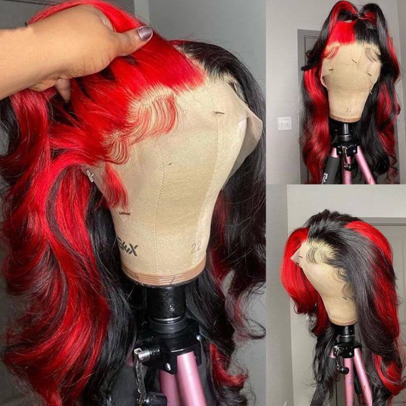 Ombre Wigs Human Hair Red Ombre With Dark Root Lace Frontal Wig Half Wigs Highlight  Body Wave Human Hair Brazilain Wigs Pre Plucked Glueless Wig 150% Density Medium Cap