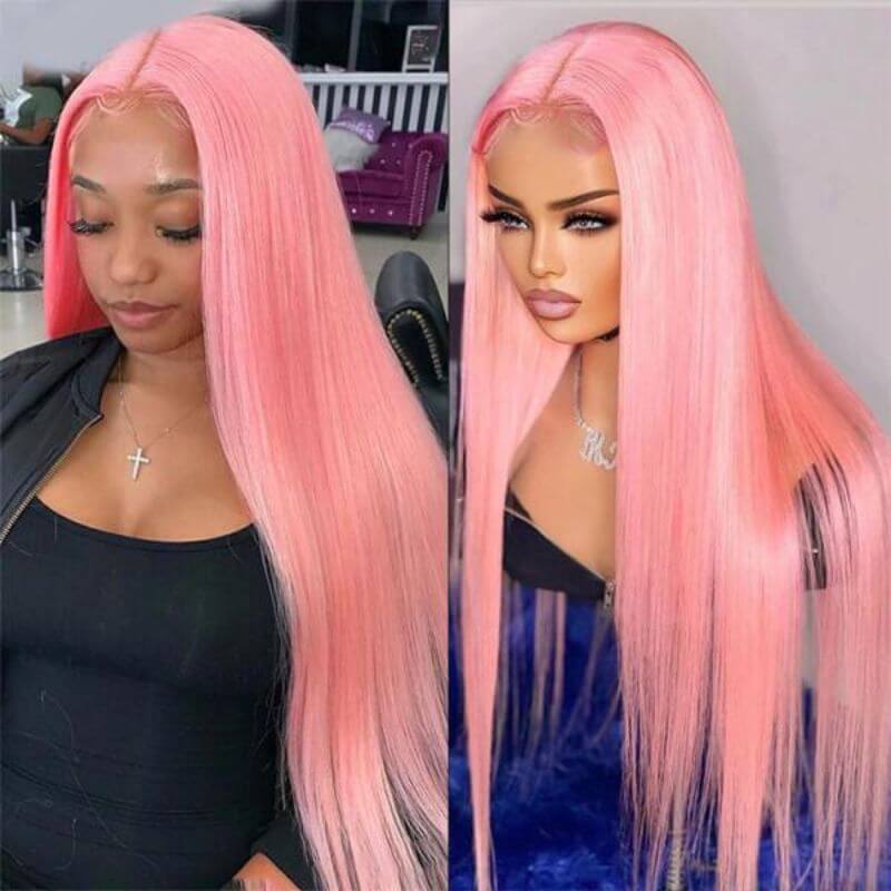 Ombre Pink Colored HD Lace Front Wigs Human Hair Wigs Silky Straight Brazilian Hair Pre Plucked Glueless Wig 180% Body Wave Medium Cap