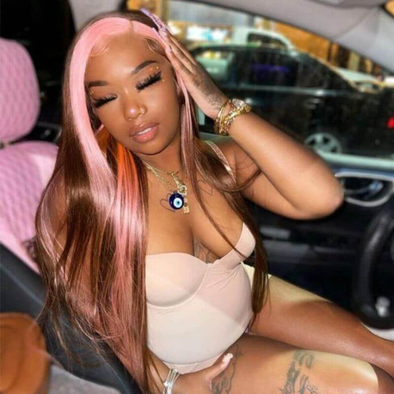 Ombre Light Pink and  Brown Wigs HD Lace Front Brazilian Human Hair Wig Highlight Wigs Skunk Stripe Wigs Pre Plucked Straight Glueless Wig 150% Density Medium Cap
