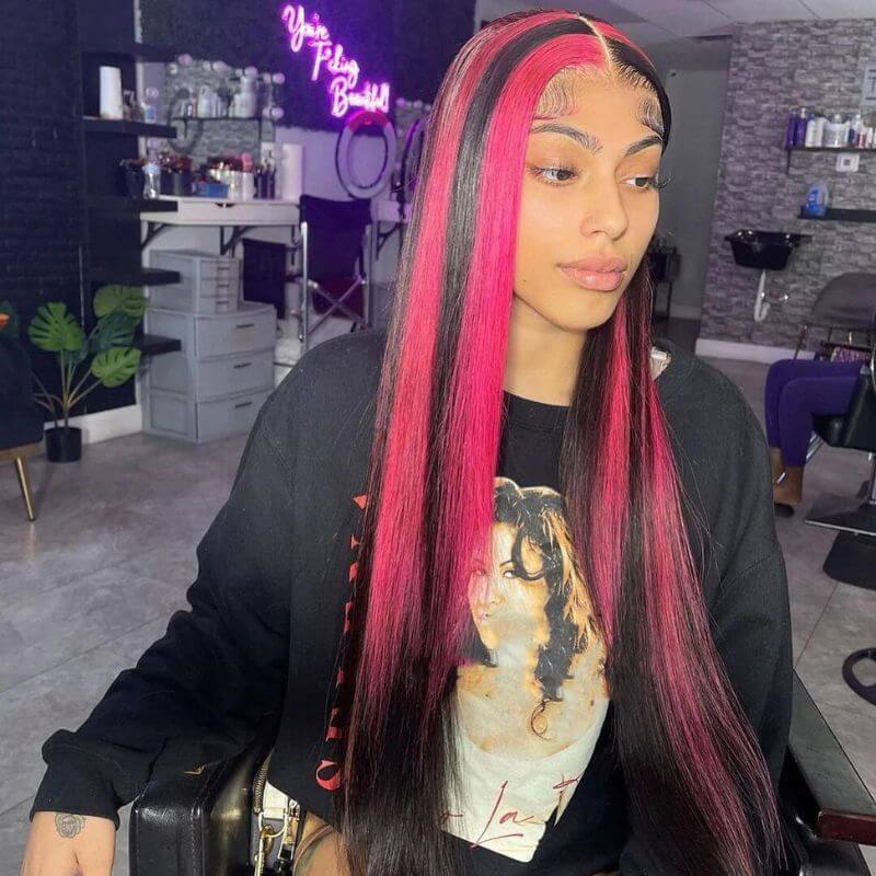 Ombre Pink and Natural Black Highlight Wigs Skunk Stripe Wigs HD Lace Front Wig  Human Hair Brazilain Wigs Pre Plucked Straight Glueless Wig 150% Density Medium Cap