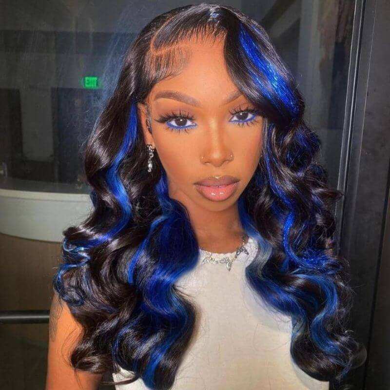 Blue Ombre Hightlight HD Transparent Lace Peruvian Human Hair Black And Green Ombre  Lace Front Wigs Wavy Black Wigs