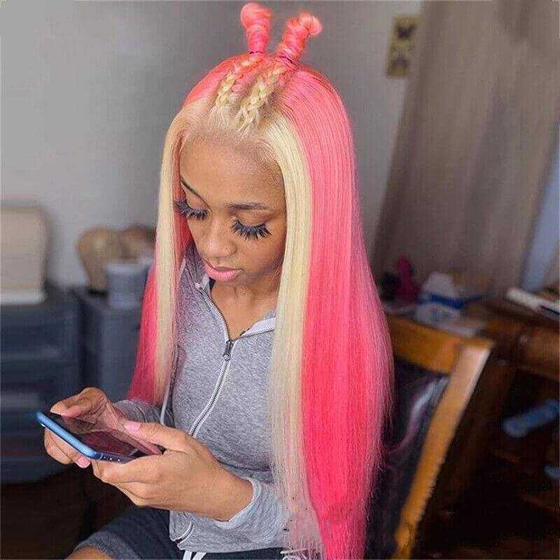 Ombre Light Pink and  Blonde Wigs HD Lace Front Brazilian Human Hair Wig Highlight Wigs Skunk Stripe Wigs Pre Plucked Straight Glueless Wig 150% Density Medium Cap
