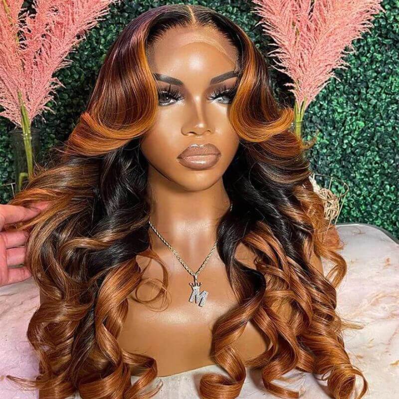 Ombre Brown Highlight Hd Lace Front Wigs Ombre Body Wave Human Hair Pre Plucked Natural Hairline Glueless Wig