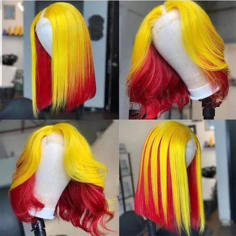 Peruvian Hair Red Ombre Yellow Color Human Hair Lace Front Bob Wig