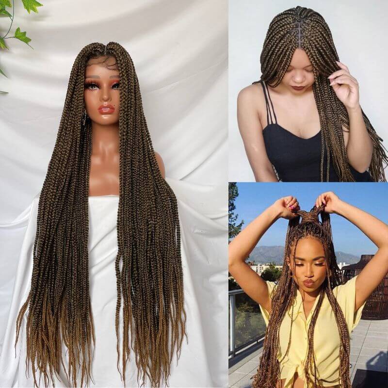 Full Lace Ombre Wigs 36 Inch double Lace Front Box Braided Wigs Knotless Lace Frontal Wig Synthetic Black Hand Braided Cornrow Braids Wigs With Baby Hair