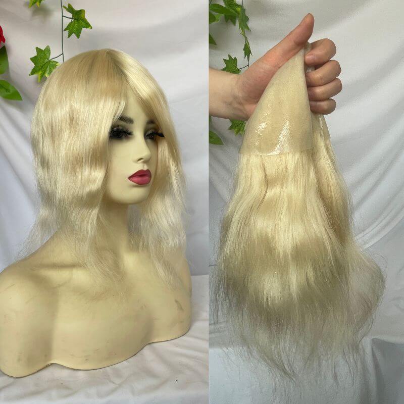 Human Hair Wigs Blonde Color Full Skin Pu Base 12 Inch For Women  8x10 613 Blonde Color Thin Skin Base Hair For Men 12 Inch