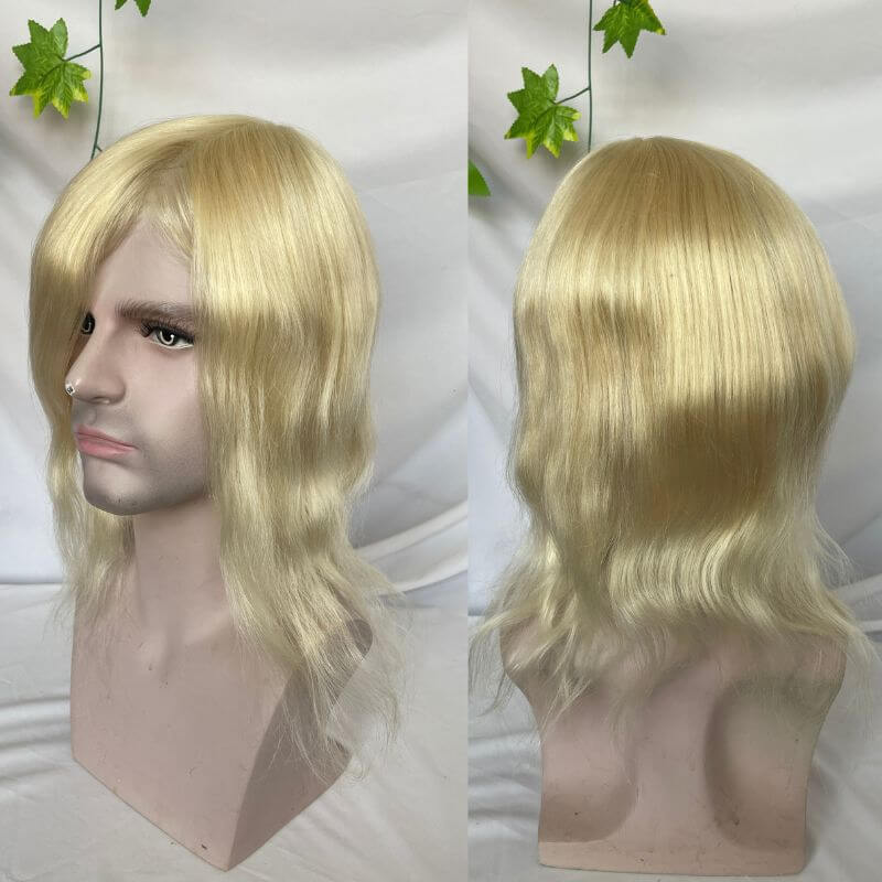 Human Hair Wigs Blonde Color Full Skin Pu Base 12 Inch For Women  8x10 613 Blonde Color Thin Skin Base Hair For Men 12 Inch