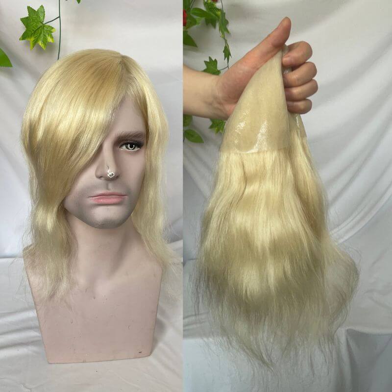 Human Hair Wigs Blonde Color Full Skin Pu Base 12 Inch For Women  8x10 613 Blonde Color Thin Skin Base Hair For Men 12 Inch