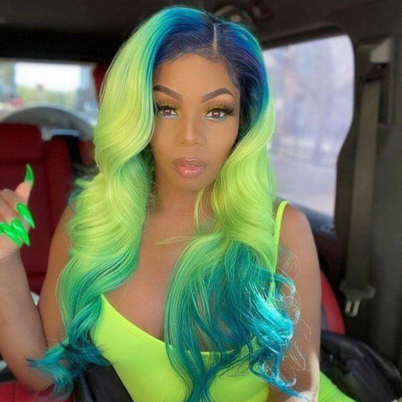 Peruvian Hair Blue Root Ombre  Lemon Green Lace Front Wig  Remy Wavy Colored Human Hair Wigs For Women 150% Body Wave