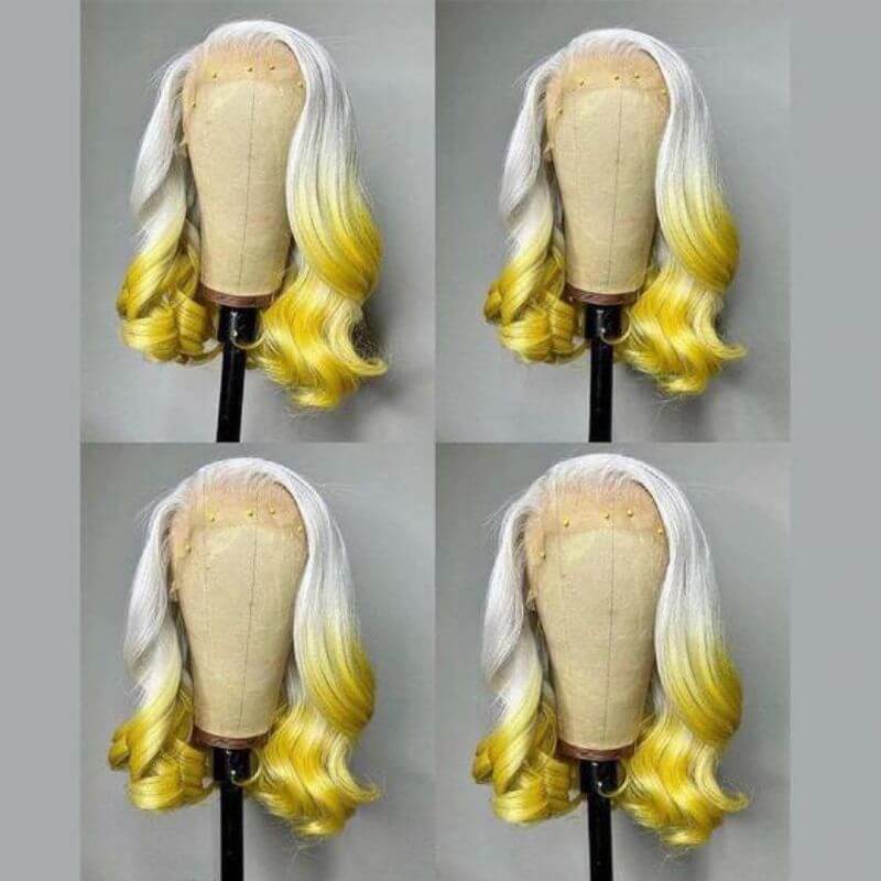 Peruvian Hair Yellow Ombre Grey Colored Remy Human Hair Lace Front Bob Wig For Women Straight