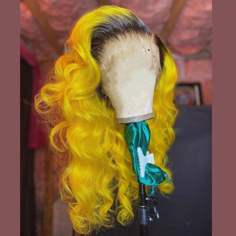 Light Yellow Ombre With Dark Root Remy Brazilian Colored Human Hair Lace Front Wig Body Wave For Women