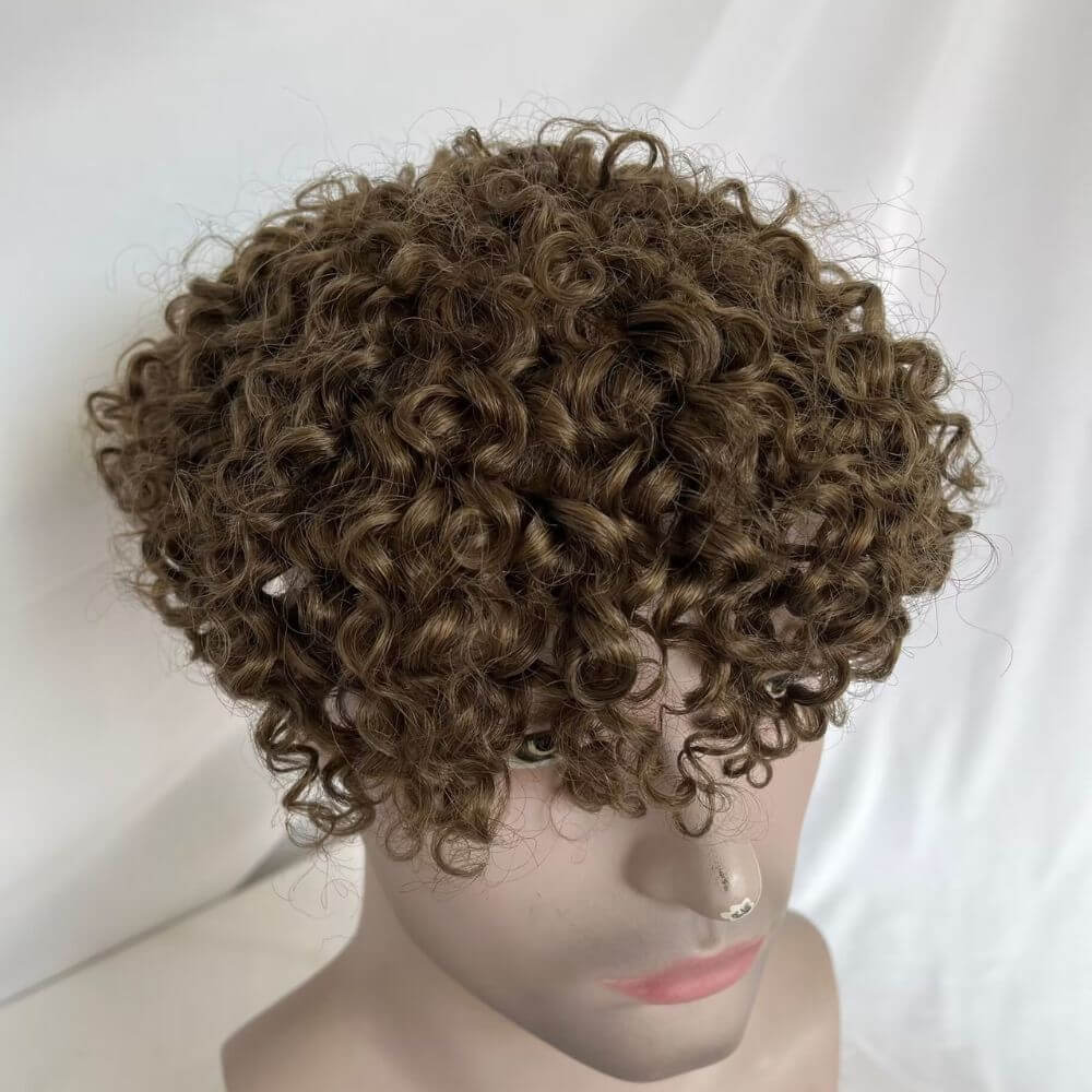 Toupee For Men Brown Color Curly Full Swiss Lace Base Remy European Human Hair System 8x10 Hair Prothesis