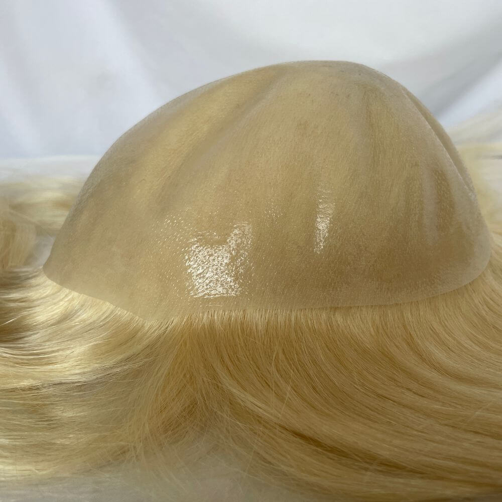 Pwigs Toupee for Men Full Thin Skin PU Cap Base 12inch Long European Human Hair Men Toupee Natural Hairline Hair System 613 Blonde  Brown 1B Color Men Wigs