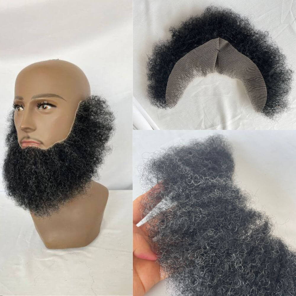 Pwigs Human Hair Lace Afro Curl Face Beard Mustache For American Black Men Realistic Makeup Lace Base Replacement System
