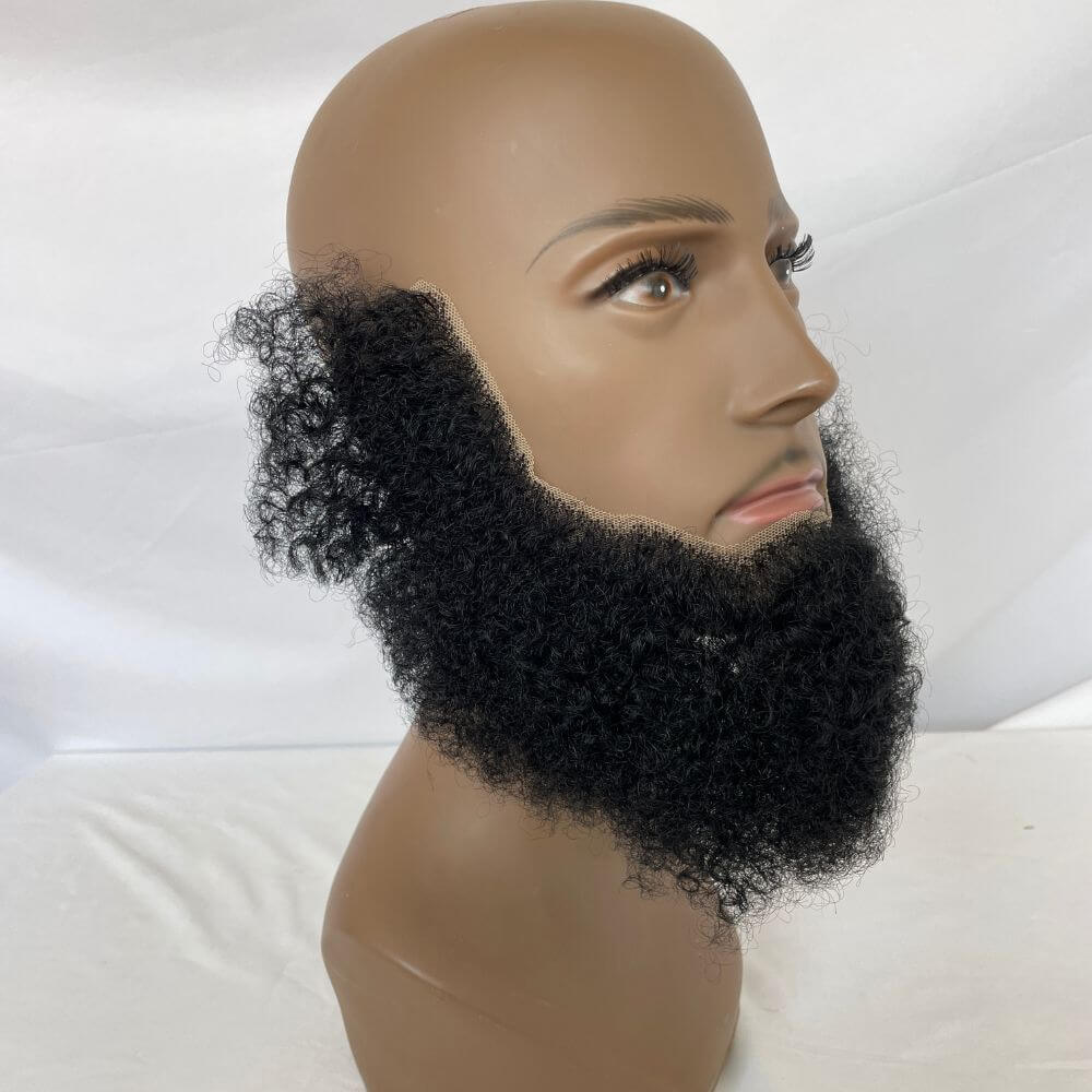 Pwigs Human Hair Lace Afro Curl Face Beard Mustache For American Black Men Realistic Makeup Lace Base Replacement System