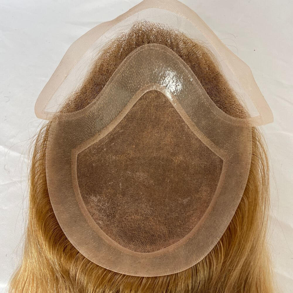 Silk Straight Wave 12 Inch Long Human Hair Toupee for Men 8x10 Hairpieces Human Hair Mens Toupee Mono Net with PU around Ombre Ash Blonde Color