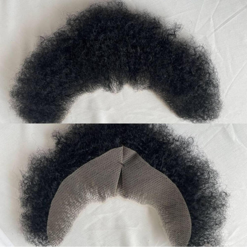 Pwigs Human Hair Lace Afro Curl Face Beard Mustache For American Black Men Realistic Makeup Lace Base Replacement System
