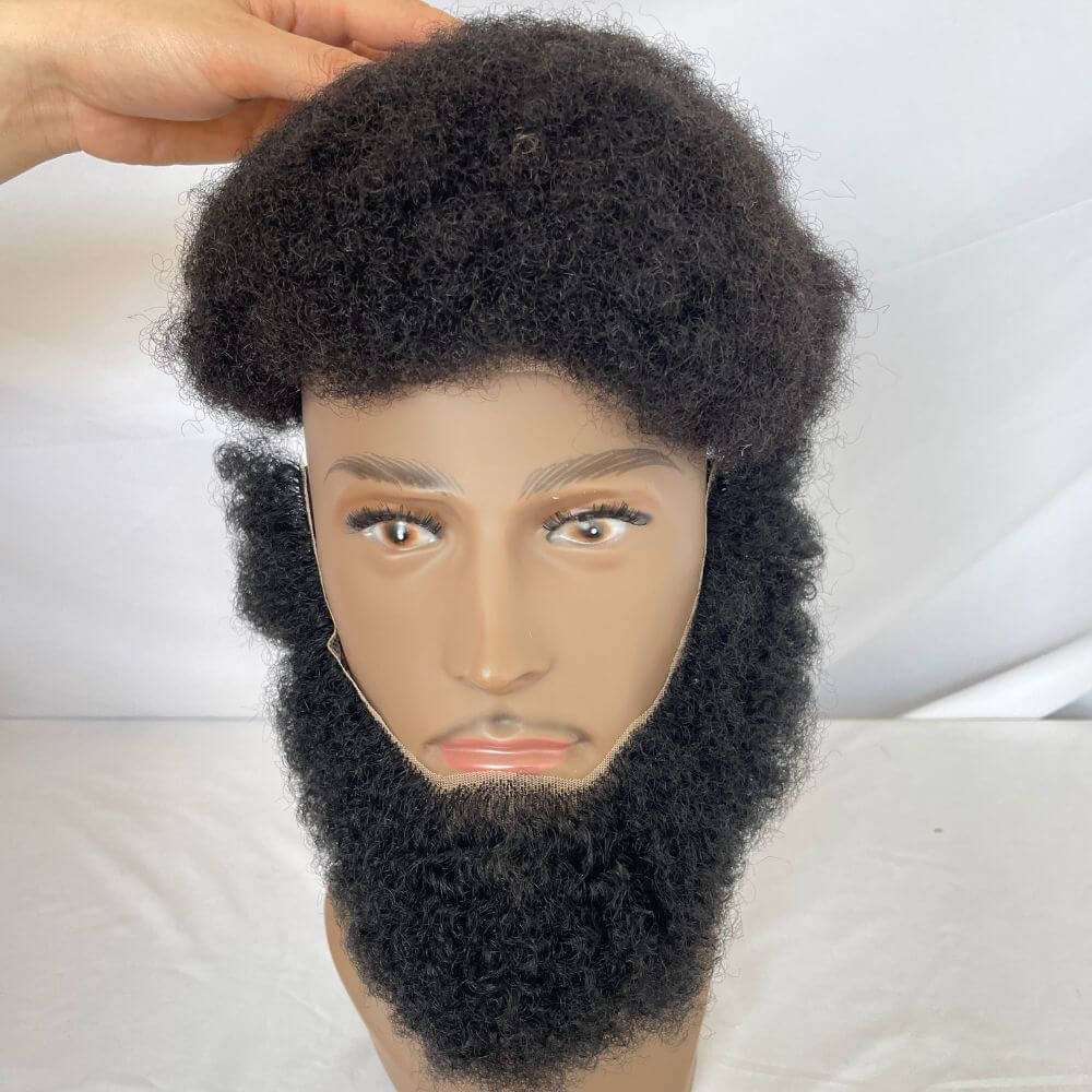 Pwigs Human Hair Lace Afro Curl Face Beard Mustache For American Black Men Realistic Makeup Lace Base Replacement System