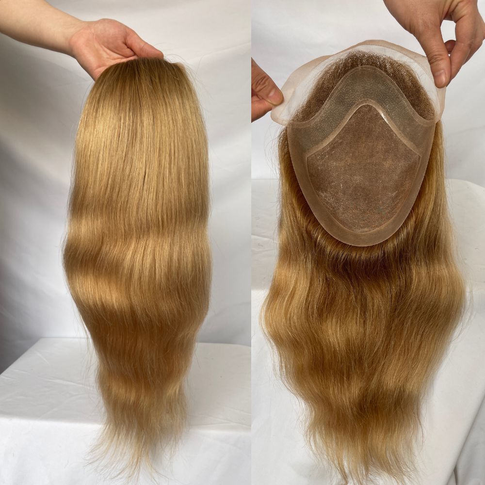 Silk Straight Wave 12 Inch Long Human Hair Toupee for Men 8x10 Hairpieces Human Hair Mens Toupee Mono Net with PU around Ombre Ash Blonde Color