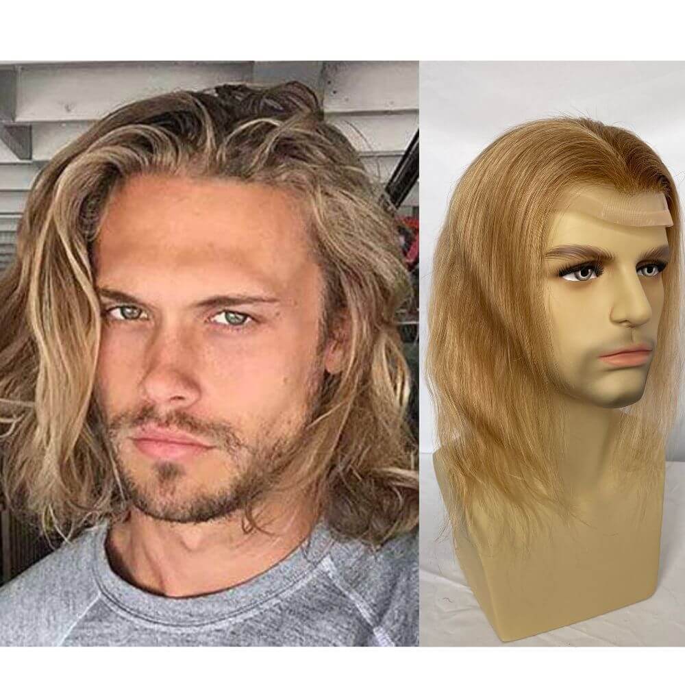 Silk Straight Wave 12 Inch Long Human Hair Toupee for Men 8x10 Hairpieces Human Hair Mens Toupee Mono Net with PU around Ombre Ash Blonde Color