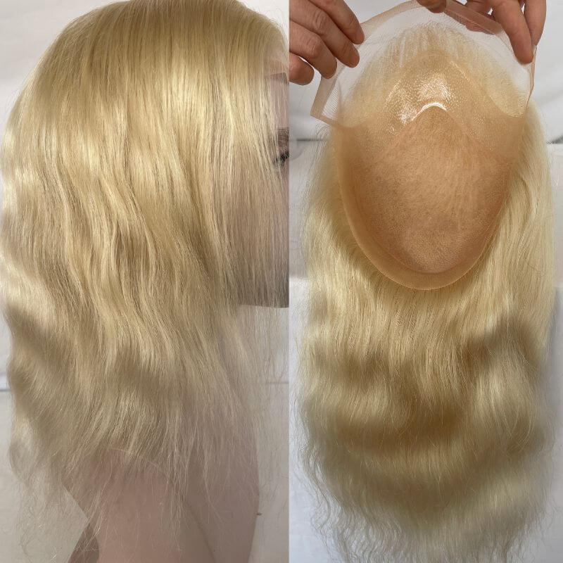 Silk Straight Wave 12 Inch Long Human Hair Toupee for Men 8x10 Hairpieces Human Hair Mens Toupee Mono Net with PU around Ombre Ash Blonde Color
