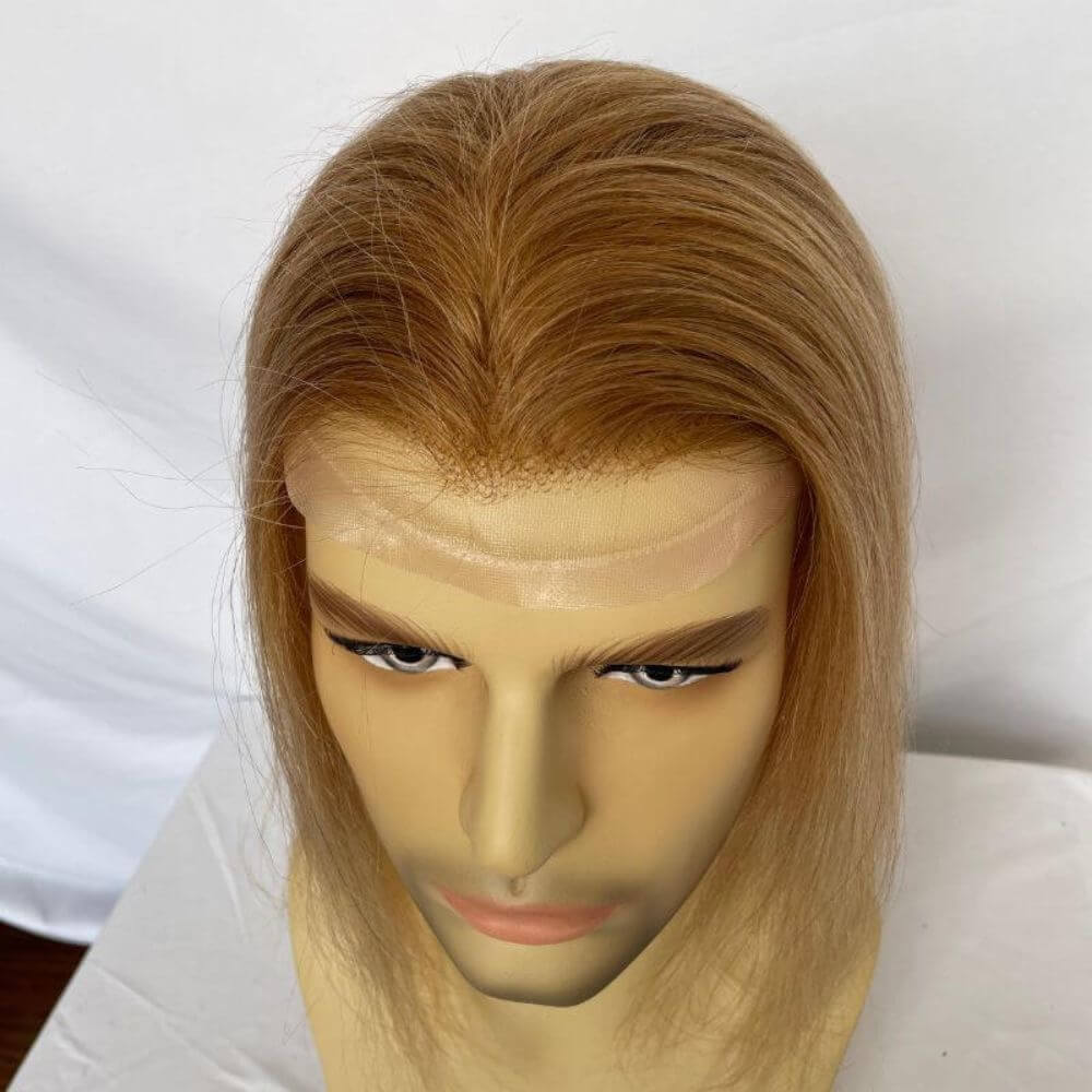 Silk Straight Wave 12 Inch Long Human Hair Toupee for Men 8x10 Hairpieces Human Hair Mens Toupee Mono Net with PU around Ombre Ash Blonde Color