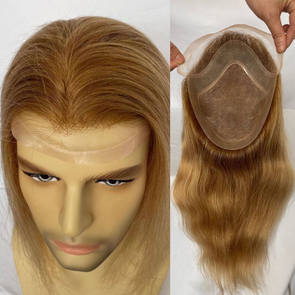 Silk Straight Wave 12 Inch Long Human Hair Toupee for Men 8x10 Hairpieces Human Hair Mens Toupee Mono Net with PU around Ombre Ash Blonde Color