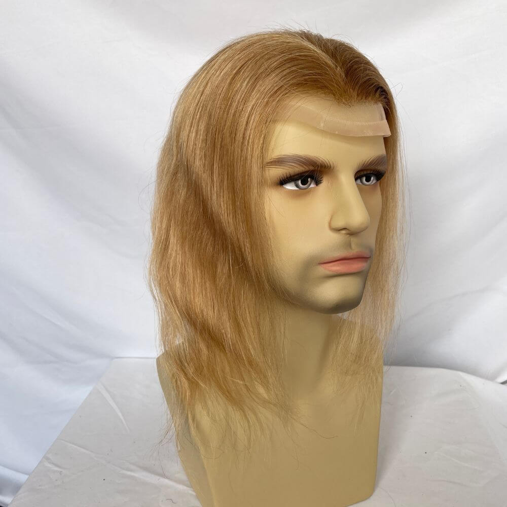 Silk Straight Wave 12 Inch Long Human Hair Toupee for Men 8x10 Hairpieces Human Hair Mens Toupee Mono Net with PU around Ombre Ash Blonde Color