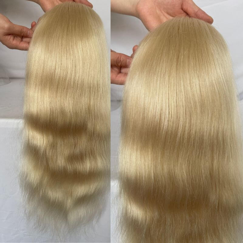 Silk Straight Wave 12 Inch Long Human Hair Toupee for Men 8x10 Hairpieces Human Hair Mens Toupee Mono Net with PU around Ombre Ash Blonde Color