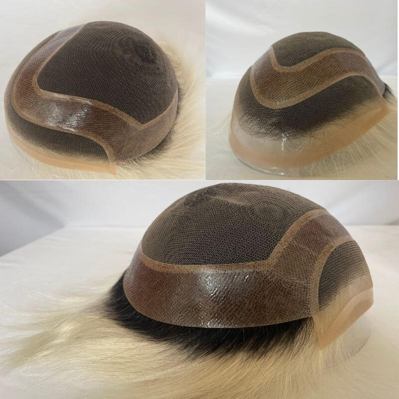 Pwigs Toupee For Men 1BT60 European Human Hair Mono Net PU Around Replacement System Mens Hairpieces